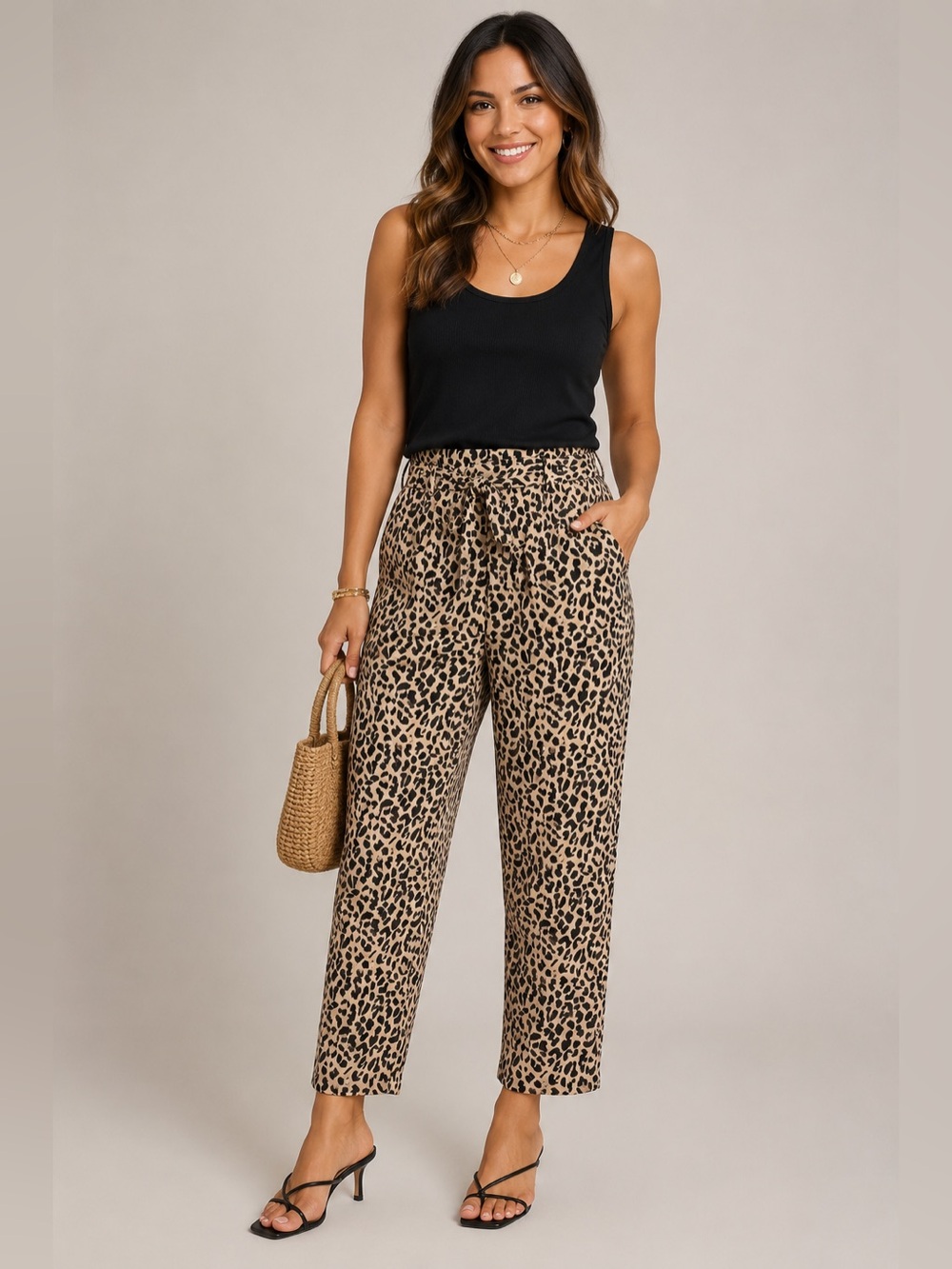 Zara High Waisted Leopard Print Belted Trousers/Pants Size M